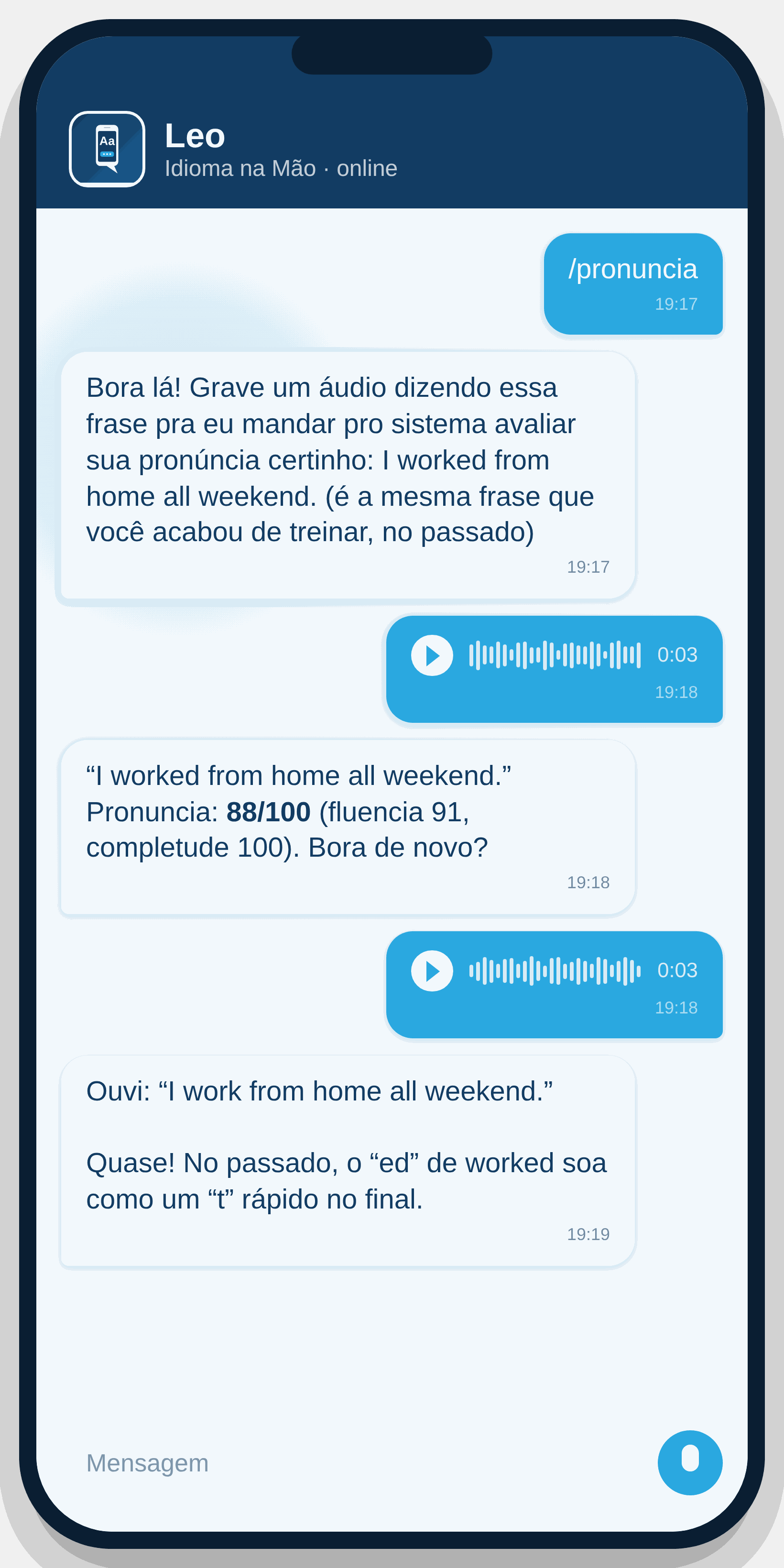 Conversa no WhatsApp: o aluno usa o comando pronuncia, grava uma frase em inglês e recebe a nota 88 de 100